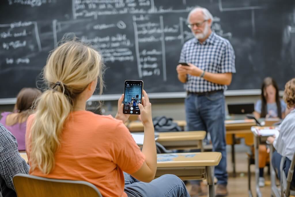 Student on phone in classroom